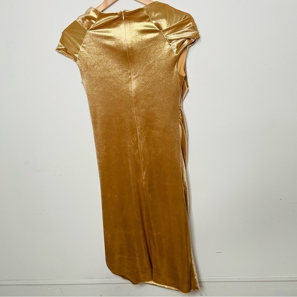 Metallic Gold Shimmer Holiday Draped Velour Ruched Fitted Asymmetrical Dress - Picture 11 of 12